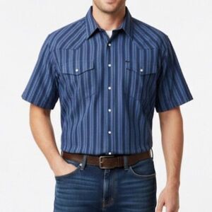 Outlaw Vintage 90s Blue Stripe Pearl Snap Short Sleeve Western Shirt Size 1X Big